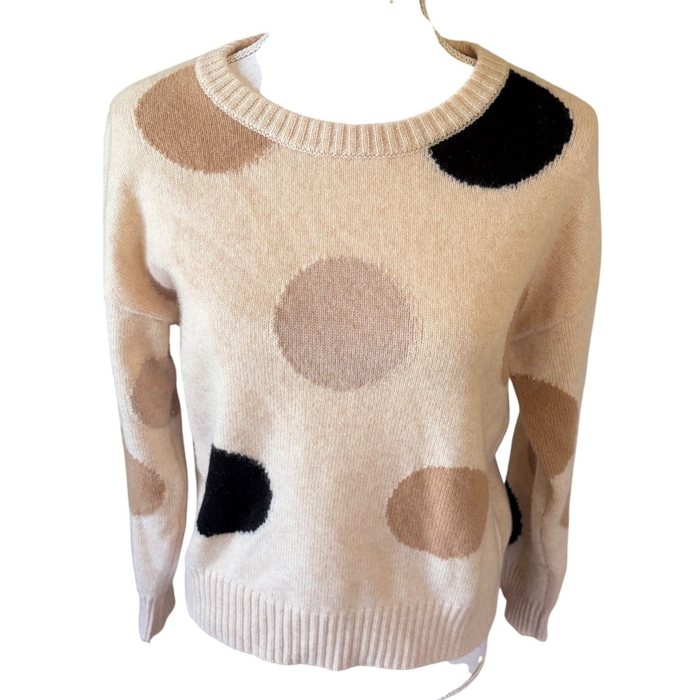Magaschoni 100% Cashmere Polka Dot Crewneck Sweater Beige Tan‎ Black Sm Neutral
